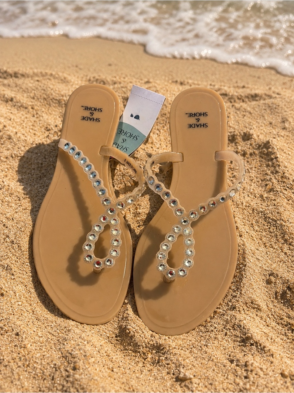 NEW Shade & Shore Tan Jelly Rhinestone Loop Thong Sandals Beach Pool Sandals